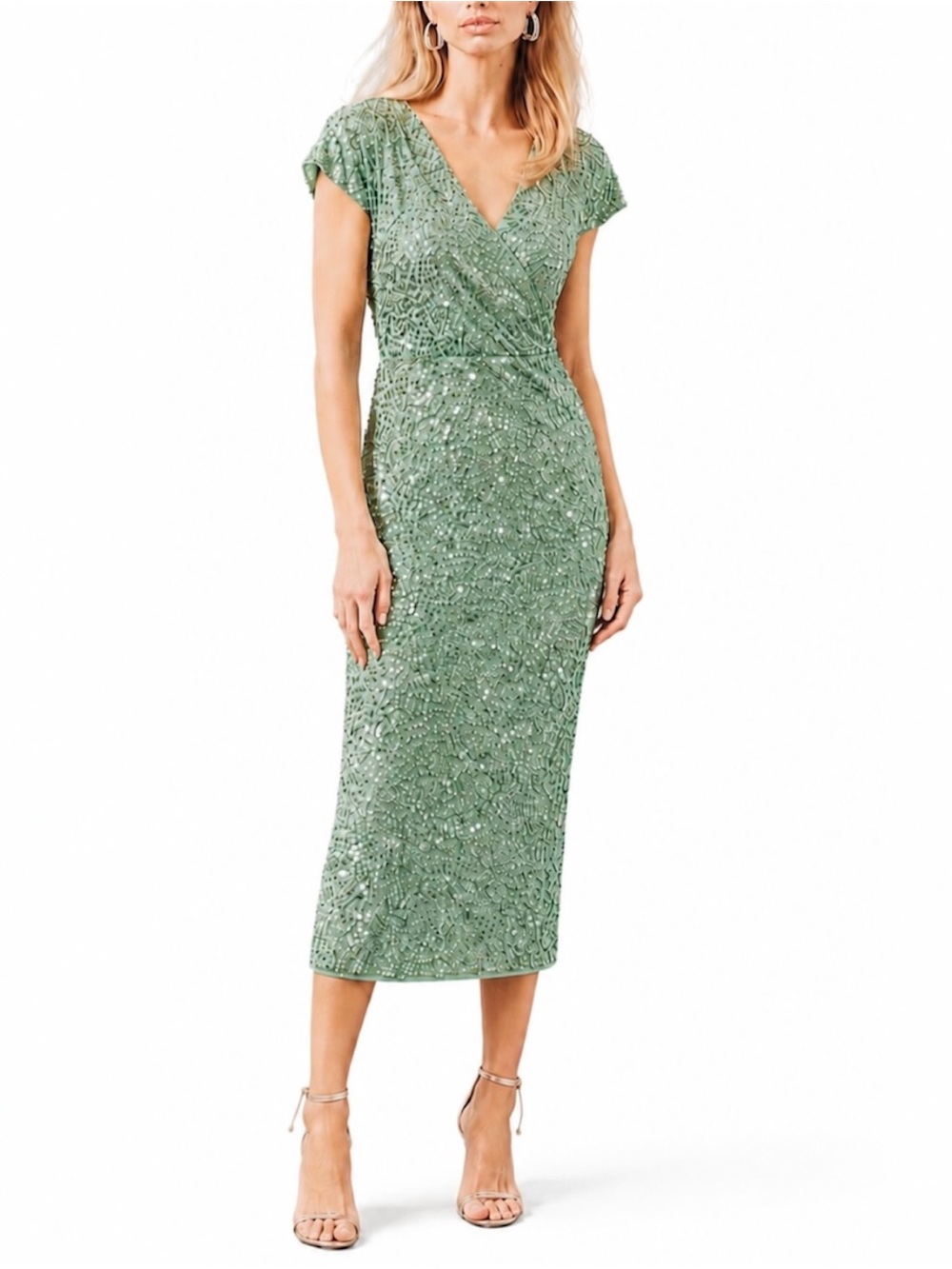 Mac Duggal Sequined Wrap Over Cocktail Dress in Sage Green  size 4, 10 #10766